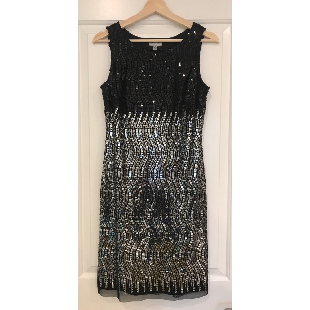 Linea Domani Black Silver Sequins Midi Slip Dress